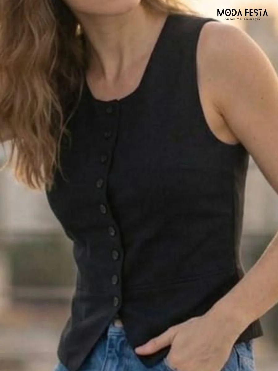 ModaFesta -pale- yellow-linen-waistcoat-top-with-a-scalloped